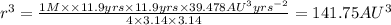 r^3=\frac{1 M\times \times 11.9 yrs\times 11.9 yrs\times 39.478 AU^3 yrs^{-2}}{4\times 3.14\times 3.14}=141.75 AU^3