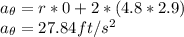 a_{\theta} = r*0+2*(4.8*2.9)\\a_{\theta}=27.84ft/s^2