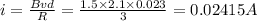 i=\frac{Bvd}{R}=\frac{1.5\times 2.1\times 0.023}{3}=0.02415A