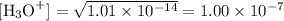 [\text{H}_{3}\text{O}^{+}] = \sqrt{1.01 \times 10^{-14}} = 1.00 \times 10^{-7}