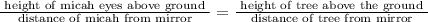 \frac{\text { height of micah eyes above ground }}{\text { distance of micah from mirror }}=\frac{\text { height of tree above the ground }}{\text { distance of tree from mirror }}