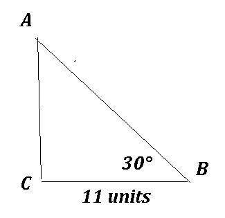 In triangle a b c, angle c is a right angle and bc = 11. if lower m angle b equals 30 degrees, find