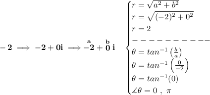 \bf -2\implies -2+0i\implies \stackrel{a}{-2}+\stackrel{b}{0}i\quad &#10;\begin{cases}&#10;r=\sqrt{a^2+b^2}\\&#10;r=\sqrt{(-2)^2+0^2}\\&#10;r=2\\&#10;----------\\&#10;\theta =tan^{-1}\left( \frac{b}{a} \right)\\&#10;\theta =tan^{-1}\left( \frac{0}{-2} \right)\\&#10;\theta =tan^{-1}(0)\\&#10;\measuredangle \theta =0~,~\pi &#10;\end{cases}