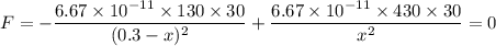 F =-\dfrac{6.67 \times 10^{-11}\times 130 \times 30}{(0.3-x)^2} +\dfrac{6.67 \times 10^{-11}\times 430 \times 30}{x^2} = 0