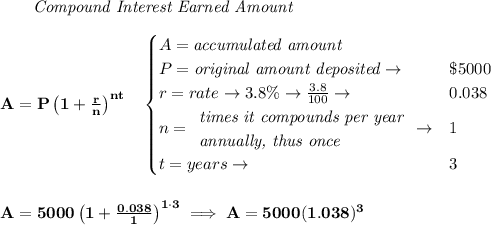 \bf ~~~~~~ \textit{Compound Interest Earned Amount}&#10;\\\\&#10;A=P\left(1+\frac{r}{n}\right)^{nt}&#10;\quad &#10;\begin{cases}&#10;A=\textit{accumulated amount}\\&#10;P=\textit{original amount deposited}\to &\$5000\\&#10;r=rate\to 3.8\%\to \frac{3.8}{100}\to &0.038\\&#10;n=&#10;\begin{array}{llll}&#10;\textit{times it compounds per year}\\&#10;\textit{annually, thus once}&#10;\end{array}\to &1\\&#10;t=years\to &3&#10;\end{cases}&#10;\\\\\\&#10;A=5000\left(1+\frac{0.038}{1}\right)^{1\cdot 3}\implies A=5000(1.038)^3