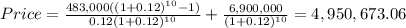 Price=\frac{483,000((1+0.12)^{10}-1) }{0.12(1+0.12)^{10} } +\frac{6,900,000}{(1+0.12)^{10} }=4,950,673.06