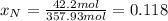 x_N=\frac{42.2mol}{357.93mol}=0.118