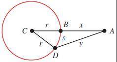 The circle in the figure below has a radius of r and center at c. the distance from a to b is x, the