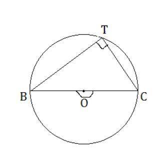 If ∠t is inscribed in a semicircle, then the measure of angle t  degrees. a)180 b)0 c)360 d)90