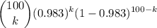 \displaystyle\binom{100}{k}(0.983)^k(1-0.983)^{100-k}