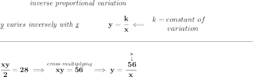 \bf \qquad \qquad \textit{inverse proportional variation} \\\\ \textit{\underline{y} varies inversely with \underline{x}}\qquad \qquad y=\cfrac{k}{x}\impliedby \begin{array}{llll} k=constant\ of\\ \qquad variation \end{array} \\\\[-0.35em] \rule{34em}{0.25pt}\\\\ \cfrac{xy}{2}=28\implies \stackrel{\textit{cross-multiplying}}{xy=56}\implies y=\cfrac{\stackrel{\stackrel{k}{\downarrow }}{56}}{x}