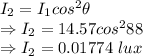 I_2=I_1cos^2\theta\\\Rightarrow I_2=14.57cos^2{88}\\\Rightarrow I_2=0.01774\ lux