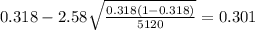 0.318 - 2.58\sqrt{\frac{0.318(1-0.318)}{5120}}=0.301