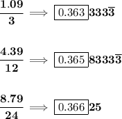 \bf \cfrac{1.09}{3}\implies \boxed{0.363}333\overline{3}&#10;\\\\\\&#10;\cfrac{4.39}{12}\implies \boxed{0.365}8333\overline{3}&#10;\\\\\\&#10;\cfrac{8.79}{24}\implies \boxed{0.366}25