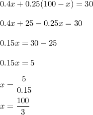 0.4x+0.25(100-x)=30\\\\0.4x+25-0.25x=30\\\\0.15x=30-25\\\\0.15x=5\\\\x=\dfrac{5}{0.15}\\\\x=\dfrac{100}{3}