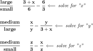 \bf \cfrac{large}{small}\qquad \cfrac{3+x}{6}=\cfrac{6}{3}\impliedby \textit{solve for "x"}&#10;\\\\\\&#10;\cfrac{medium}{large}\qquad \cfrac{x}{y}=\cfrac{y}{3+x}\impliedby \textit{solve for "y"}&#10;\\\\\\&#10;\cfrac{medium}{small}\qquad \cfrac{z}{3}=\cfrac{x}{z}\impliedby \textit{solve for "z"}
