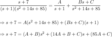 \dfrac{s+7}{(s+1)(s^2+14s+85)}=\dfrac{A}{s+1}+\dfrac{Bs+C}{s^2+14s+85}\\\\\\\Rightarrow s+7=A(s^2+14s+85)+(Bs+C)(s+1)\\\\\Rightarrow s+7=(A+B)s^2+(14A+B+C)s+(85A+C)