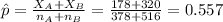 \hat p=\frac{X_{A}+X_{B}}{n_{A}+n_{B}}}=\frac{178+320}{378+516}=0.557