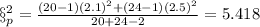 \S^2_p =\frac{(20-1)(2.1)^2 +(24 -1)(2.5)^2}{20 +24 -2}=5.418