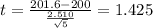 t=\frac{201.6-200}{\frac{2.510}{\sqrt{5}}}=1.425
