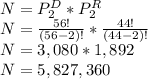 N= P^{D}_{2} * P^{R}_{2}\\N=\frac{56!}{(56-2)!} *\frac{44!}{(44-2)!} \\N=3,080*1,892\\N=5,827,360
