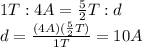 1T:4A = \frac{5}{2}T:d\\d=\frac{(4A)(\frac{5}{2}T)}{1T}=10A
