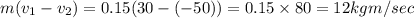 m(v_1-v_2)=0.15(30-(-50))=0.15\times 80=12kgm/sec