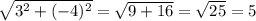 \sqrt{3^2+(-4)^2}=\sqrt{9+16}=\sqrt{25}=5