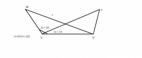 Find m∠uvt m∠wvu = 169° m∠wvt = (2x + 20)° m∠uvt = (3x + 19)° a) 91° b) 94° c) 97° d) 100°\