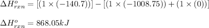 \Delta H^o_{rxn}=[(1\times (-140.7))]-[(1\times (-1008.75))+(1\times (0))]\\\\\Delta H^o_{rxn}=868.05kJ