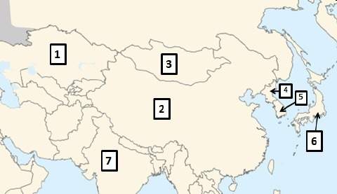 On the map above, china is located at number and japan is located at number a. 1 . . 6 b. 2 . .