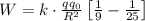 W=k\cdot \frac{qq_0}{R^2}\left [ \frac{1}{9}-\frac{1}{25}\right ]