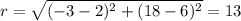r=\sqrt{(-3-2)^2+(18-6)^2}=13