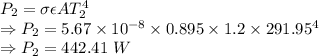 P_2=\sigma\epsilon AT_2^4\\\Rightarrow P_2=5.67\times 10^{-8}\times 0.895\times 1.2\times 291.95^4\\\Rightarrow P_2=442.41\ W