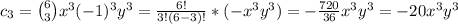 c_{3}=\binom{6}{3}x^3(-1)^3y^3= \frac{6!}{3!(6-3)!} * (-x^3y^3)=- \frac{720}{36}x^3y^3=-20x^3y^3