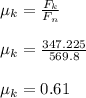 \mu_k = \frac{F_k}{F_n} \\\\\mu_k = \frac{347.225}{569.8} \\\\\mu_k = 0.61