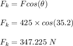 F_k = Fcos(\theta)\\\\F_k = 425 \times cos(35.2)\\\\F_k = 347.225 \ N