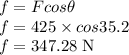 f=Fcos\theta\\f = 425 \times cos35.2\\f=347.28 \;\rm N