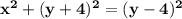 \mathbf{x^2 + (y + 4)^2 = (y - 4)^2}