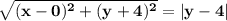 \mathbf{\sqrt{(x - 0)^2 + (y + 4)^2} = |y - 4|}