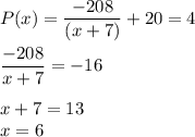 P(x) = \displaystyle\frac{-208}{(x+7)} + 20 = 4\\\\\frac{-208}{x+7} = -16\\\\x + 7 = 13\\x = 6