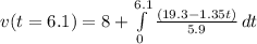 v(t=6.1) = 8 + \int\limits^{6.1}_0 {\frac{ (19.3 - 1.35t)}{5.9}} \, dt