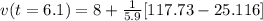 v(t = 6.1) = 8 + \frac{1}{5.9}[117.73 - 25.116]