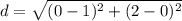 d =  \sqrt{(0-1)^2 +(2-0)^2}