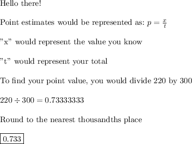\text{Hello there!}\\\\\text{Point estimates would be represented as:}\,\,p=\frac{x}{t}\\\\\text{"x" would represent the value you know}\\\\\text{"t" would represent your total}\\\\\text{To find your point value, you would divide 220 by 300}\\\\220\div300=0.73333333\\\\\text{Round to the nearest thousandths place}\\\\\boxed{0.733}