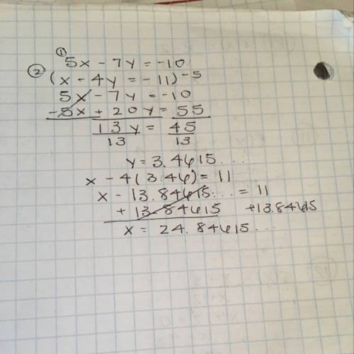 Use elimination to solve this system of equations. x-4y=-11 and 5x-7y=-10