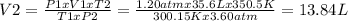 V2 = \frac{P1 x V1 x T2}{T1 x P2} = \frac{1.20atm x 35.6L x 350.5K}{300.15K x 3.60 atm} = 13.84L