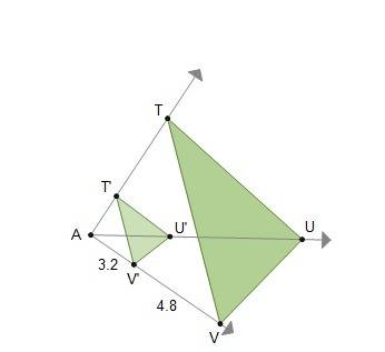 Triangle tuv was dilated to create triangle t'u'v' using point a as the center of dilation. what is