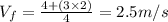 V_f=\frac {4+(3\times2)}{4}=2.5 m/s
