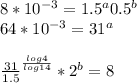 8*10^{-3}=1.5^a0.5^b\\64*10^{-3}=31^a\\\\\frac{31}{1.5} ^\frac{log4}{log14}*2^b = 8\\